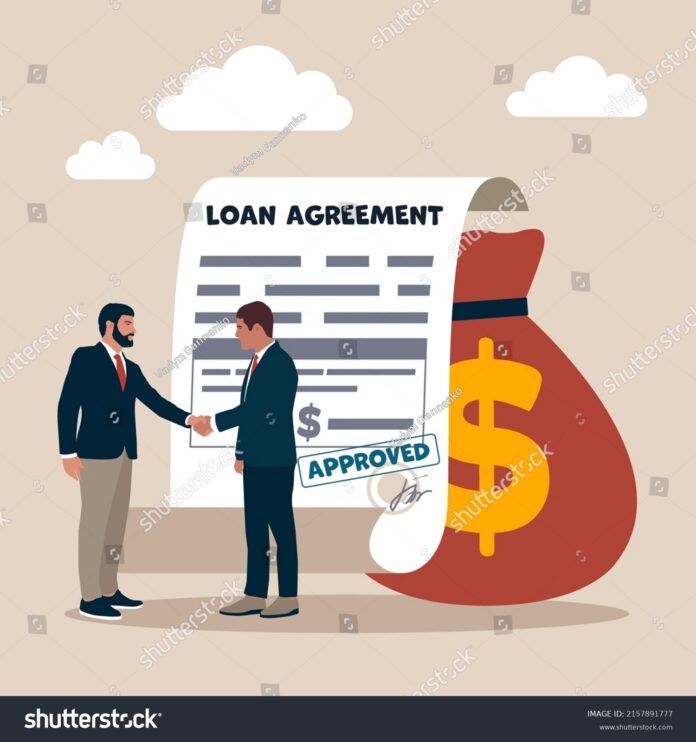stock-vector-businessman-shaking-hand-with-loan-agreement-and-money-bag-loan-agreement-borrow-money-from-bank-2157891777